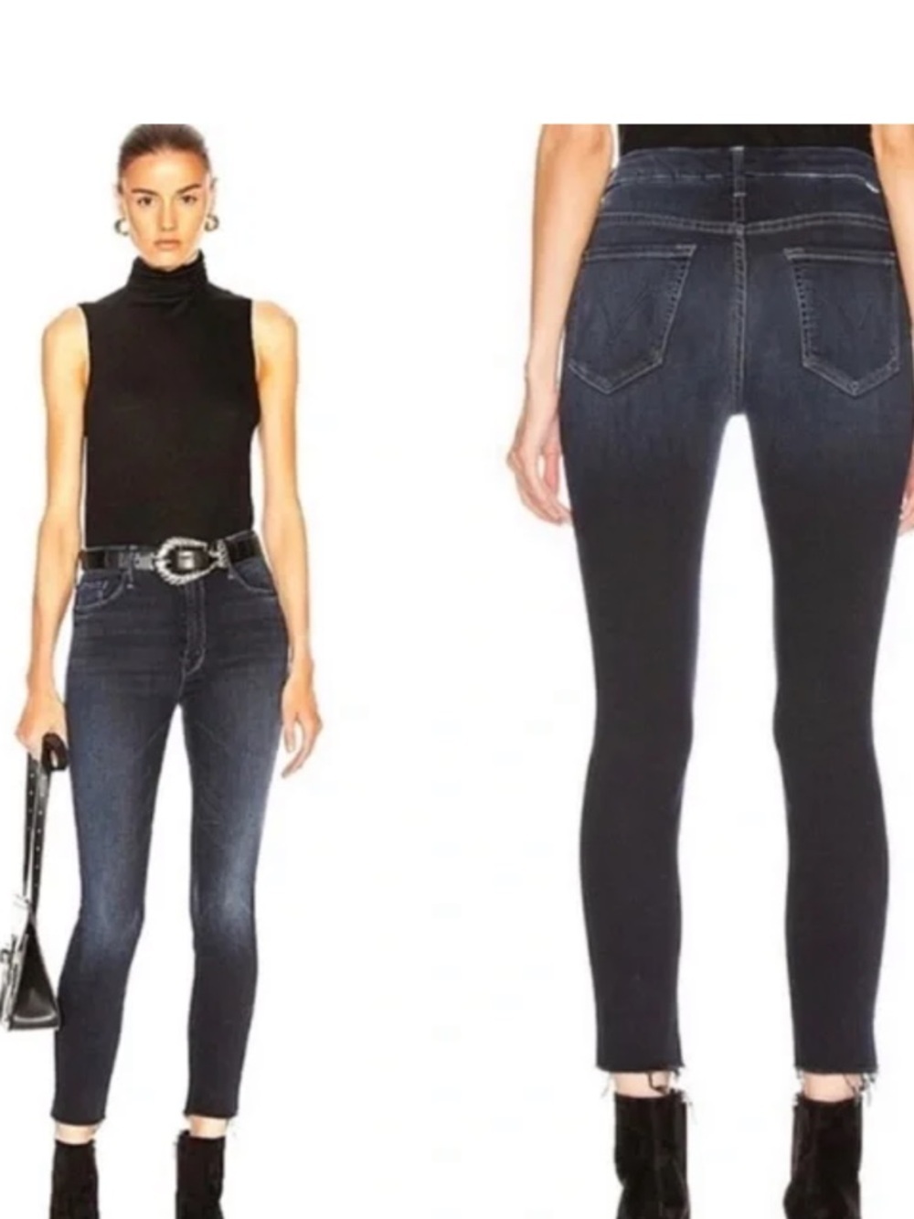 MOTHER Looker High Waist Ankle Fray Stretch LastCall Jeans Dark Pockets Zip 28